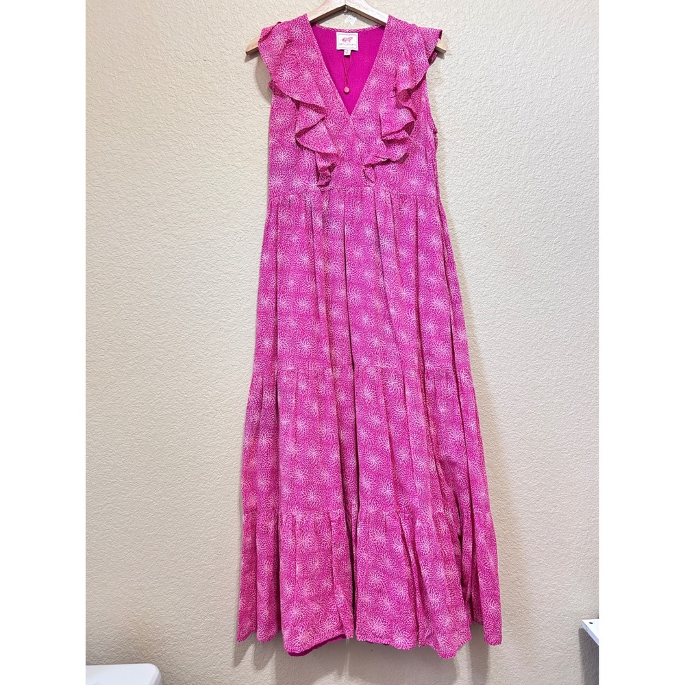 Banjanan M Pink Ruffle Tiered Cotton Maxi Dress Sunburst Boho Nap Hill Hampton